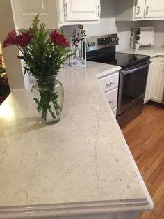 a vase filled with flowers sitting on top of a kitchen counter