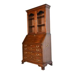 an old fashioned wooden desk with drawers on it's top and bottom shelf, against a white background