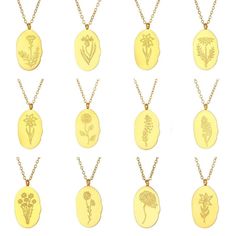 The most beautiful way to represent your loved ones. These Birth Flower Necklaces feature an engraved flower design that represents each month. This necklace is so charming you'll want to collect one for each of your loved ones. DETAILS & SIZE Composition: 18k gold plated over 316L Stainless steel Measurements: irregular pendant: 18x11mm; chain: 16" + 2" extension Lobster claw clasp Read about how to care for your jewelry here. Shop the Personalized Collection! Or shop Necklaces to start your ne Personalized Gold Jewelry With Pressed Flowers, Gold Charm Necklaces With Birth Flower For Gifts, Minimalist Gold Flower Necklace For Mother's Day, Gold Birth Flower Charm Necklace As Gift For Her, Gold Birth Flower Pendant Necklace, Gold Charm Necklace With Birth Flower For Her, Gold-plated Birth Flower Jewelry For Mother’s Day, Gold Birth Flower Necklace For Anniversary, Gold Plated Birth Flower Jewelry For Mother's Day