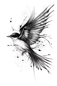 a black and white drawing of a bird with its wings spread out, on a white background