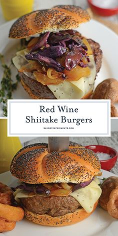 red wine shiitake burgers with onions and cheese