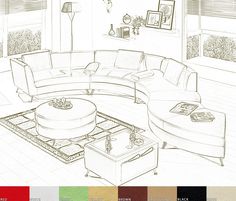 a drawing of a living room with couches and tables