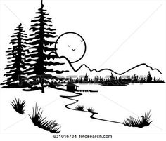 a black and white drawing of a mountain lake with pine trees in the foreground