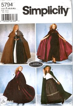 a woman in a long dress and cape is shown on the cover of a sewing pattern