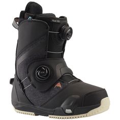 the snowboard boots are all black and have white outstratches on them