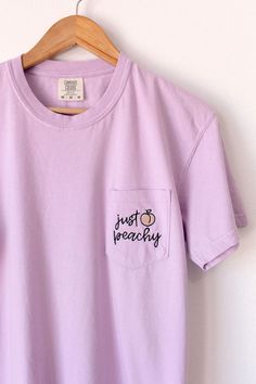 Peach, please 🍑 Tshirt Pocket Embroidery, Pocket Tee Embroidery, Lavender Crew Neck T-shirt For Summer, Trendy Lavender Short Sleeve T-shirt, Lavender Short Sleeve T-shirt For Summer, Trendy Heather Peach T-shirt For Summer, Heather Peach Cotton Casual Top, Heather Peach Relaxed Fit T-shirt For Summer, Casual Heather Peach T-shirt For Summer