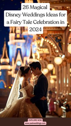 A bride and groom standing in front of a Disney castle, surrounded by fairy tale decorations and magical lighting, capturing the essence of a Disney-themed wedding celebration. Disney Photography Ideas, Fairy Tale Wedding Ideas, Whimsical Decorations, Disney Princess Theme, Storybook Theme, Real Life Fairies