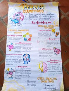 a poster on the ground with words and pictures written in spanish, including an image of a human head