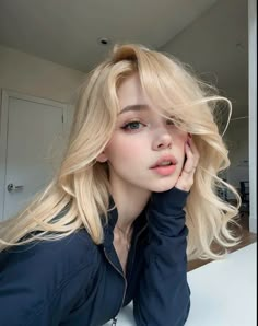 Kpop Blonde Hair Female, Long Female Hairstyles, Pretty Blonde Model, Blonde Hair Fair Skin Blue Eyes, Face Claim Brown Hair, Front Bleached Hair, Cute Face Claims, Blonde On Asian, Pretty Smile Aesthetic