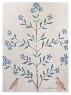 a painting of two birds sitting on a branch with blue flowers in the foreground