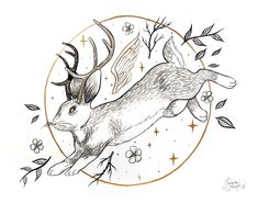 a drawing of a deer flying through the air with leaves and flowers around it's neck