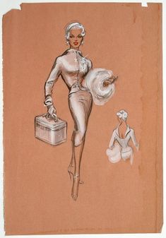 a drawing of a woman in a bathing suit holding a suitcase and standing next to another woman