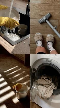 three different pictures showing the process of cleaning a washer with gloves and rubber gloves