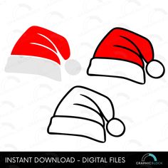 two red and white santa hats with the word instant digital files on it's side