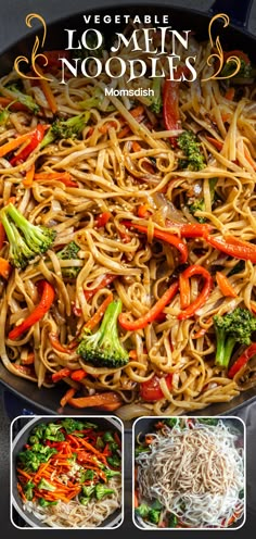 vegetable lo mein noodles with broccoli, carrots and red peppers in a skillet