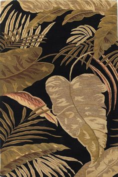 an area rug with tropical leaves and plants on it's black ground, in front of a dark background