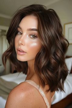 Zoe Hart Hair, Short Brown Hair Wedding, Mocha Brown Hair Short, Brunette Hair Color Fall 2024, Dark Brown Hair With Auburn Undertones, Glaze On Brown Hair, Brown Hair Colours Ideas, Dark Chocolate Brown Hair Color Rich Brunette, Mocha Latte Hair Color