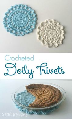 crocheted doily trivets on a plate with text overlay that reads, crocheted doily trivets