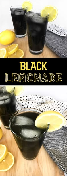 black lemonade in glasses on a wooden table with slices of lemons around them