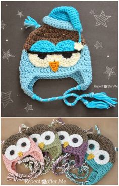 three crocheted hats with owls on them, one is blue and the other has brown