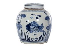 a blue and white vase with fish on it