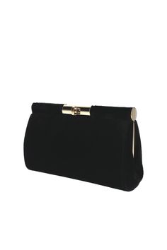 This black clutch bag is crafted of vintage-inspired velvet and features a detachable gold chain shoulder strap. Interior slip pocket Detachable shoulder strap Rayon, silk Structured top with turn-lock closure Interior, one slip pocket Approx. 6"H x 9"W x 2"D Made in Italy Chic Evening Clutch With Magnetic Closure, Classic Formal Clutch With Fold Over Clasp, Black Clutch With Fold Over Clasp For Evening, Black Evening Clutch With Fold Over Clasp, Elegant Clutch With Fold Over Clasp For Party, Elegant Party Clutch With Fold Over Clasp, Chic Clutch With Gold-tone Hardware For Events, Black Evening Bag With Gold-tone Hardware For Formal Occasions, Chic Evening Clutch With Gold-tone Hardware