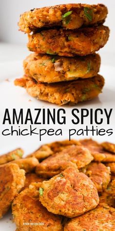 some crab cakes stacked on top of each other with the words amazing spicy chicken pea patties