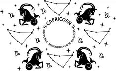 the zodiac sign for capricorn is shown in black and white with stars around it