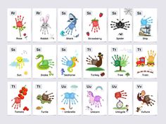 the alphabets and their matching pictures are all handprinted with different animals, birds, and letters