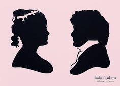 the silhouettes of two people in profile, one with a bird on her head