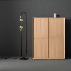 a tall wooden cabinet next to a lamp on a gray floor with a black wall in the background