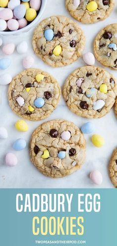 cadbury egg cookies on a white table with candy and eggs in the background text reads cadbury egg cookies