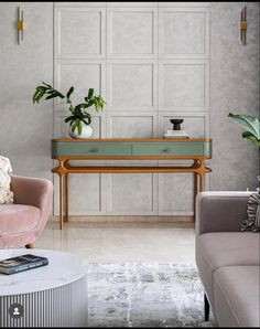 a living room with two couches and a table in the middle, surrounded by white paneled walls