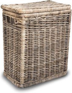 a large wicker basket with lid and handles on an isolated white background for use as a storage container