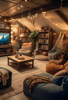 a living room filled with furniture and lots of lights hanging from the ceiling above it