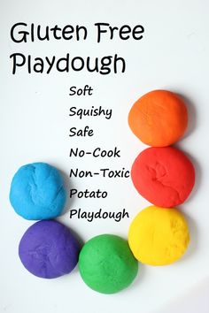 the playdough is colorfully colored and sits in front of a sign that says gluten free playdough