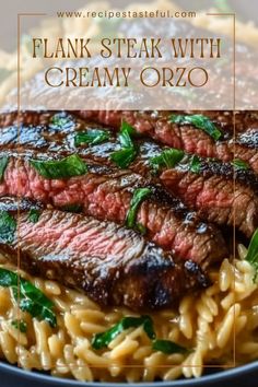 steak with creamy orzo pasta on a plate