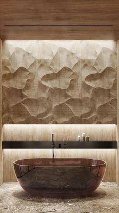 a bath tub sitting in the middle of a bathroom next to a wooden paneled wall