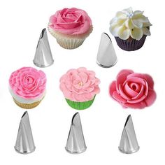 there are nine cupcakes with pink and white frosting on them, each decorated with a flower