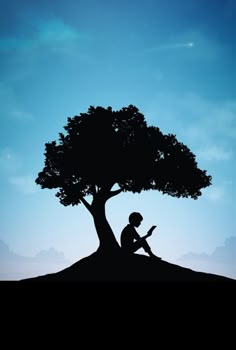 a silhouette of a person sitting under a tree with a cell phone in their hand