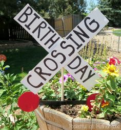 a close up of a street sign in a flower pot with flowers behind it and a fence