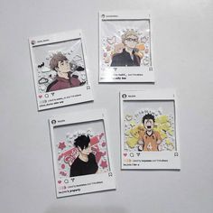 four cards with anime characters on them sitting on a white counter top next to each other