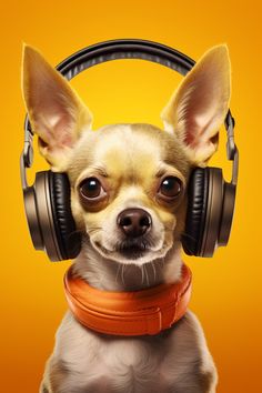 A photography of a chihuahua dog wearing headphones posing in an orange background. Cute Chihuahua, Dog Poster, Daily Dose, Make Sure