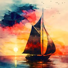 a painting of a sailboat in the ocean at sunset