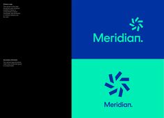 the logo for meridian is shown in three different colors and font styles, including blue, green