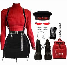 Red And Black Outfit Ideas, Flaming Hot, Red Skirt, Looks Black, Alternative Outfits, Goth Outfits, Mode Vintage