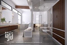 a modern bathroom with wood and glass accents