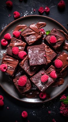 chocolate fudges with raspberries are on a plate next to some leaves