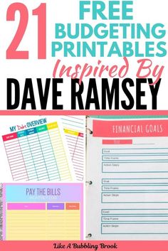 free printable budget binder with text overlay that reads, 21 free budgeting printables inspired by dave ramsay