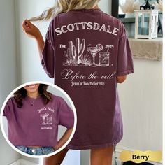 a woman wearing a purple shirt and jeans with the words scottsdale before she eats on it